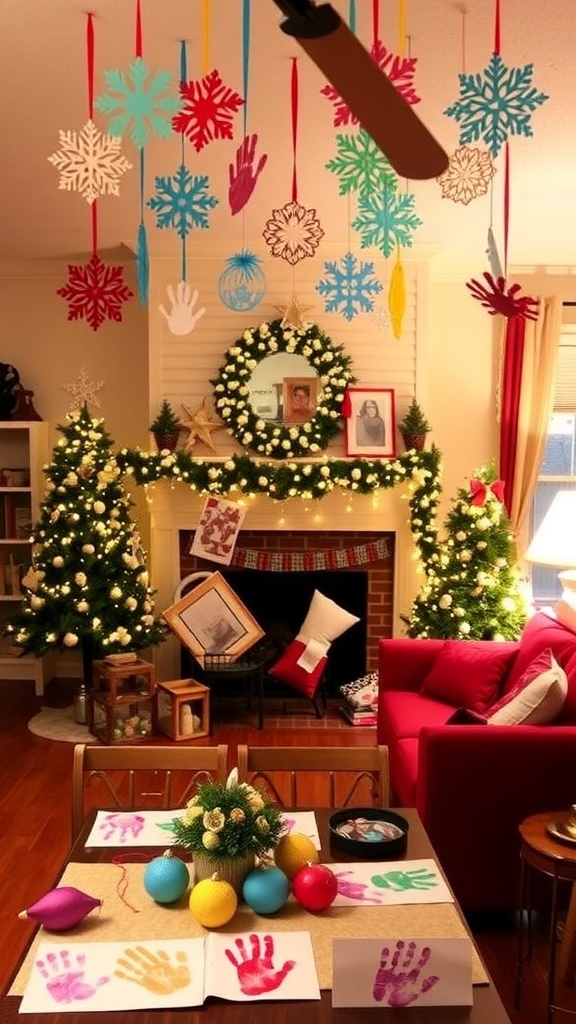 A festive living room with kid-friendly Christmas decorations, including paper snowflakes and homemade ornaments.